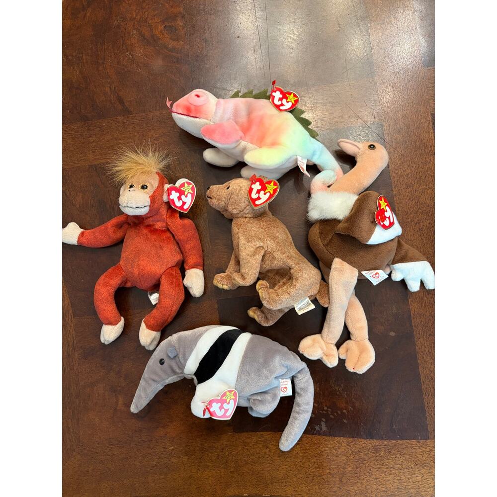 Vintage Ty Beanie Babies Lot: Iggy Stretch Ants Pecan Bongo Zoo Animals
